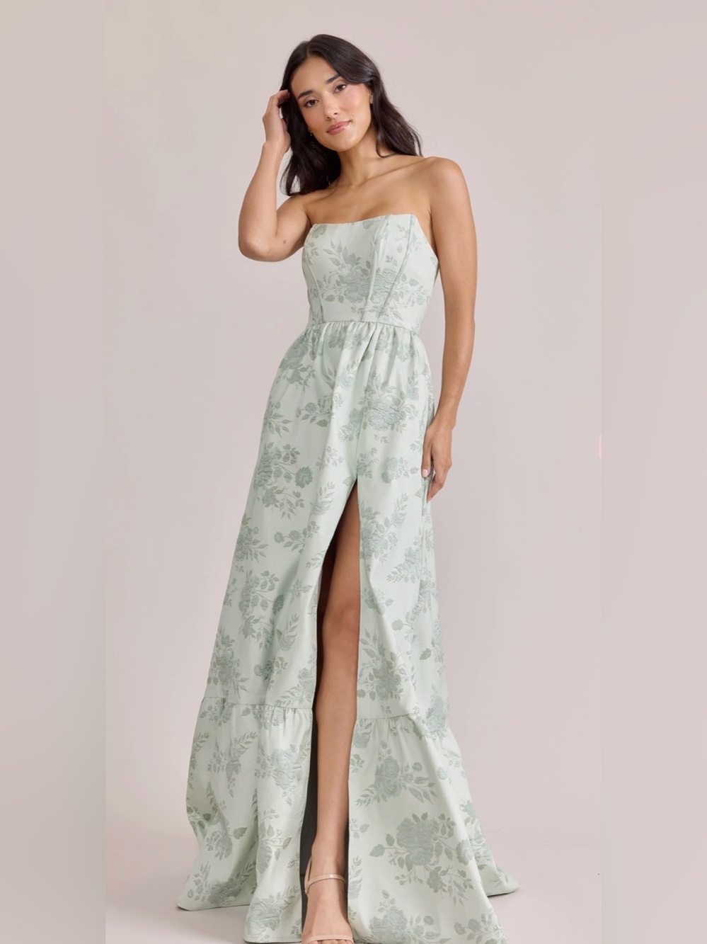 Revelry Strapless Floral Ballgown in Mint Green